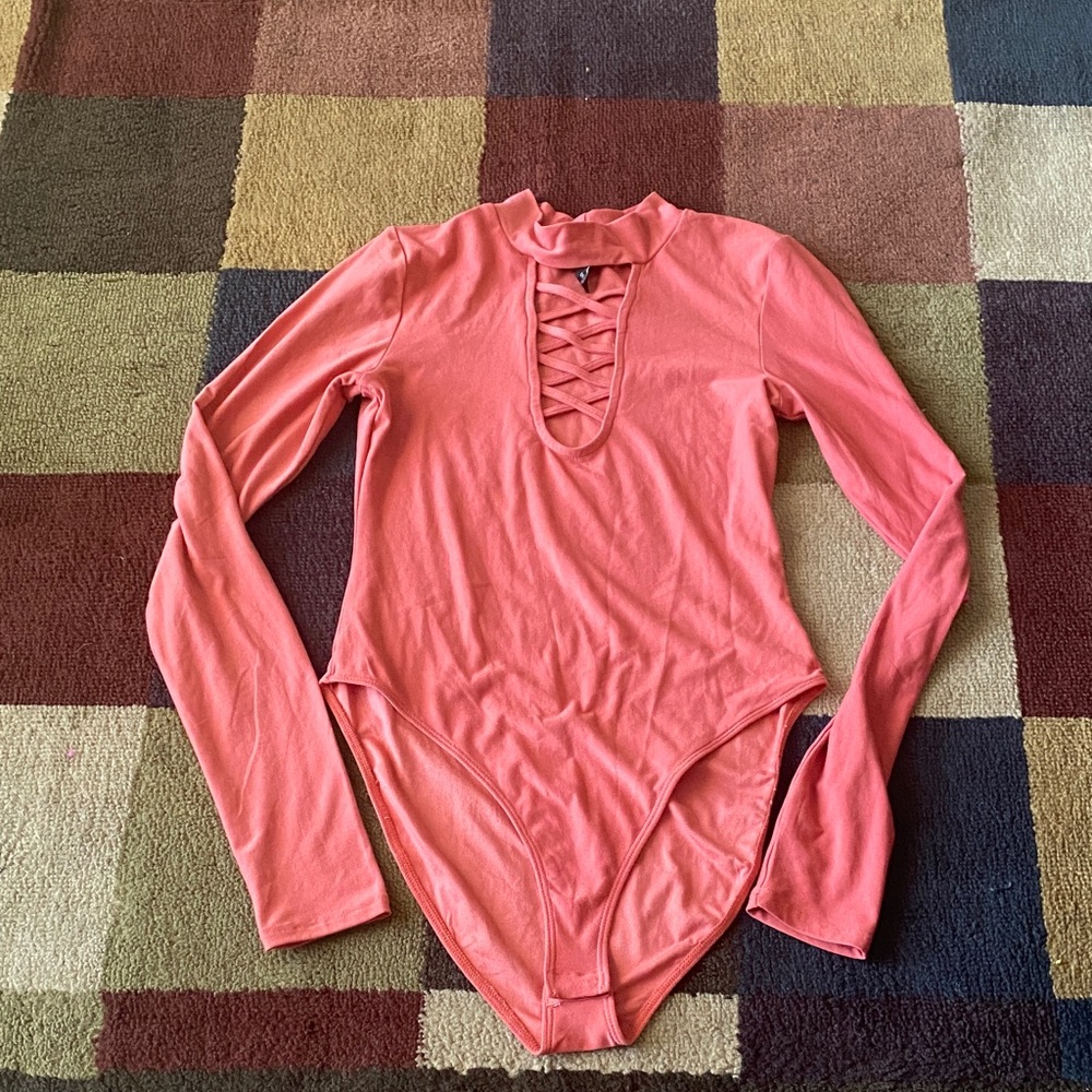 Coral and White Long Sleeve Bodysuit with Crisscross Detail